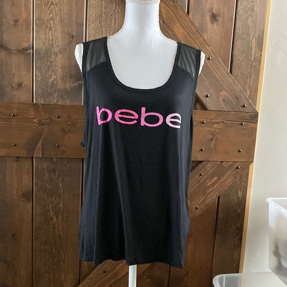 Bebe Women's Tank Black with Pink letters Sheer Shoulders & Back Yoke Size 3X - Picture 1 of 9